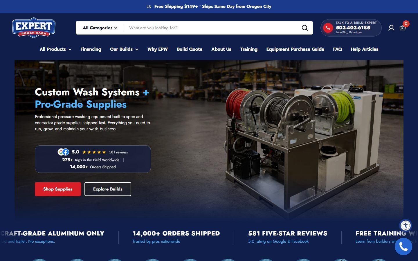 Expert Power Wash homepage showing custom pressure washing systems and pro-grade supplies